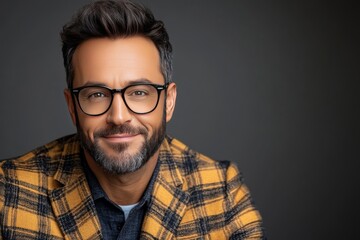 Fototapeta premium Portrait of a bearded man in a yellow plaid jacket and glasses evoking modern casual style with a mix of contemporary fashion and subtle sophistication in a studio setting