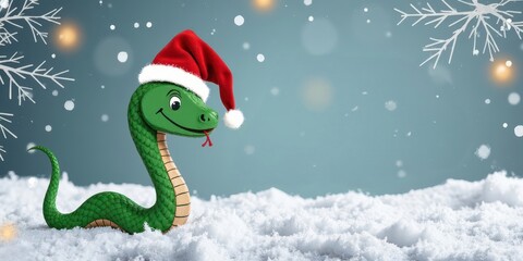 Obraz premium Symbol of Happy New Year 2025 green wooden snake in Santa Claus hat against the winter Christmas background. Christmas card 2025. Banner with a copy space.