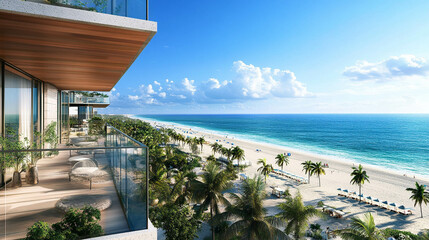 Fototapeta premium Ocean view from a balcony on a beautiful day with blue sky