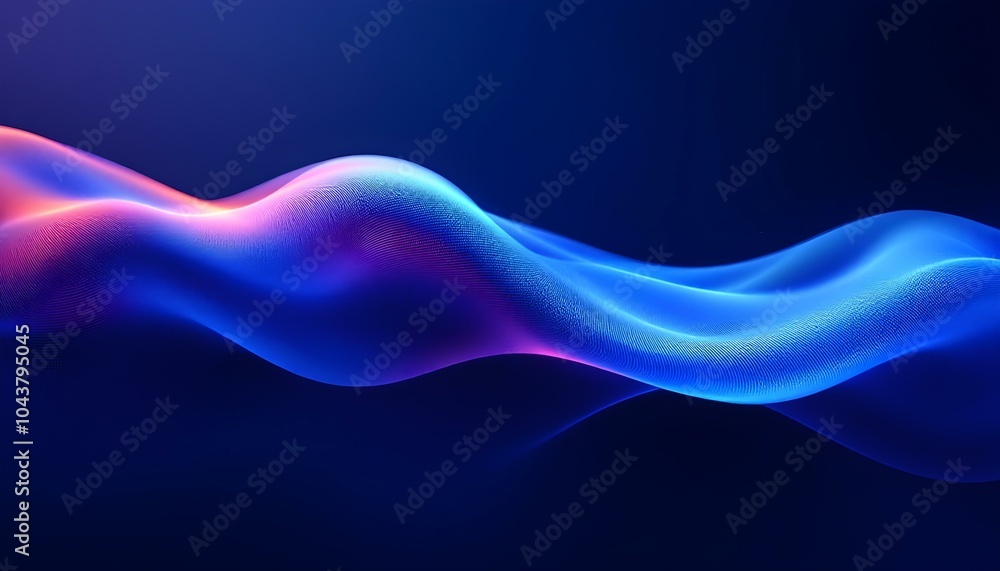 Poster abstract liquid glass holographic iridescent neon curved wave in motion dark background 3d render. 3