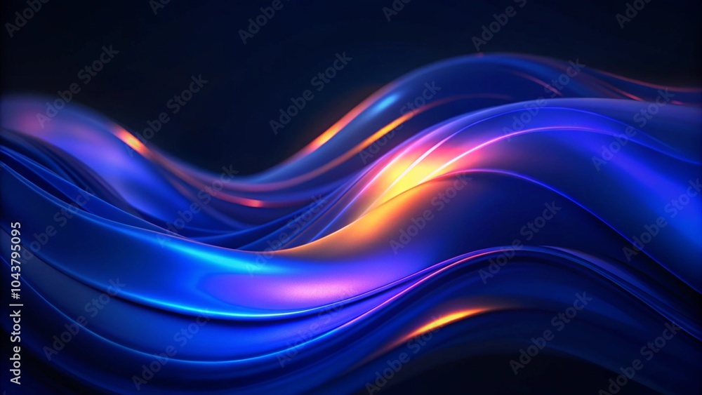 Poster abstract liquid glass holographic iridescent neon curved wave in motion dark background 3d render. 3