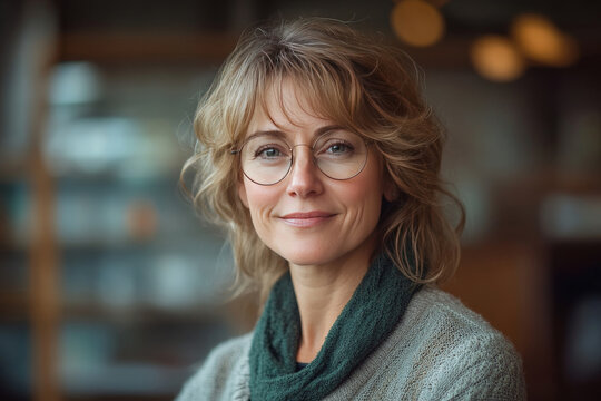 an american senior woman wearing glasses and light smile
