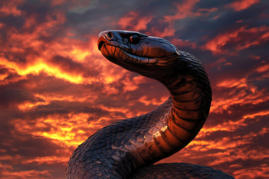 Black cobra with its hood raised, ready to strike against a dramatic sunset sky, intense lighting.