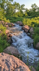 A small waterfall cascades over rocks in a lush green creek bed.