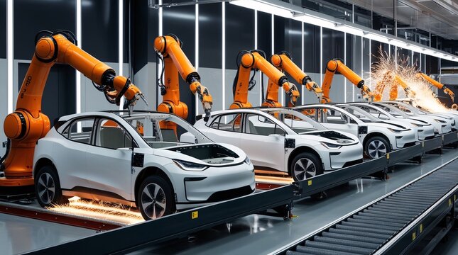 Robotic arms efficiently assemble electric vehicles on a production line within a state-of-the-art factory. Sparks fly as the automated machinery completes tasks, showcasing advanced manufacturing