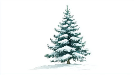 Obraz premium Cartoon illustration of a snow-covered green fir tree standing on a snowy hill against a white backdrop