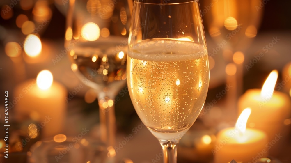 Poster the sparkling wine catches the light of the candles creating a dazzling display of flickering reflec