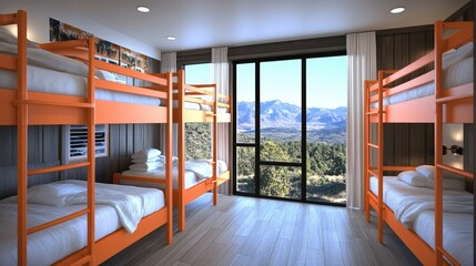 Fototapeta premium Contemporary dormitory space with six orange bunk beds, bright white linens, and a scenic view, perfect for student living.