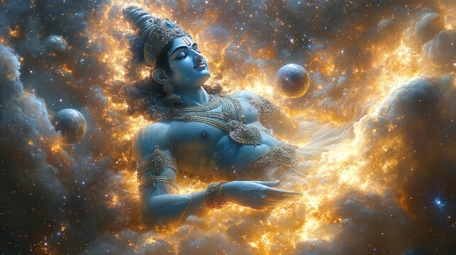 a hindu god vishnu lying in the cosmic space universe