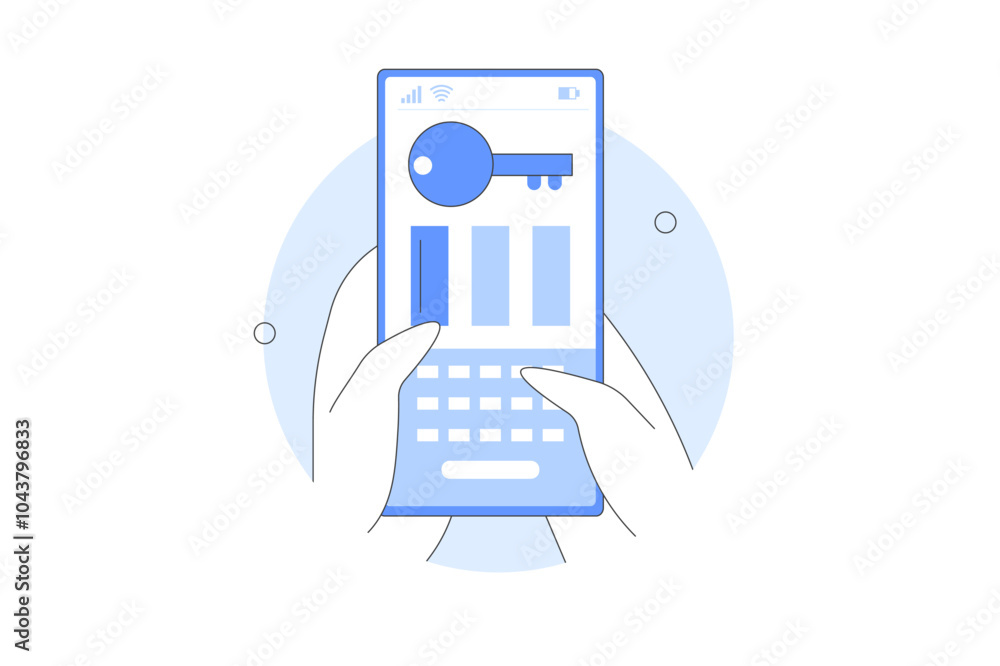 Aufkleber character hand holding smartphone typing two factor authentication code, pin to verify their id and 