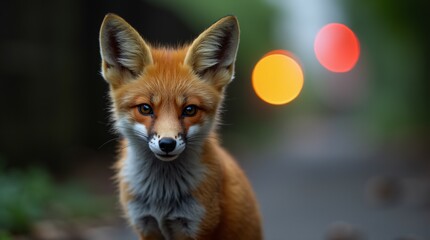 Obraz premium A young urban Red fox stands confidently against the backdrop of glowing streetlights.
