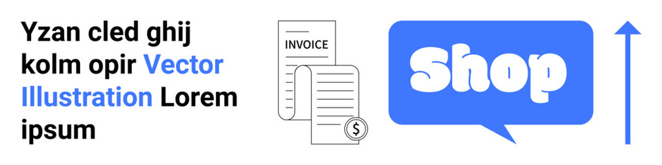 Contains a digital invoice, a speech bubble with the word Shop, and a vertical arrow. Ideal for ecommerce, online payments, digital transactions, business automation, financial tech. Banner