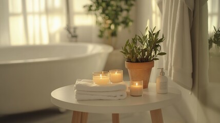 Delicate bathroom decor featuring a white table with flickering candles, a folded cotton towel, and a small potted plant, creating a serene ambiance.