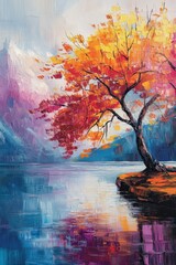 Colorful autumn tree reflected in calm lake with mountains backdrop.