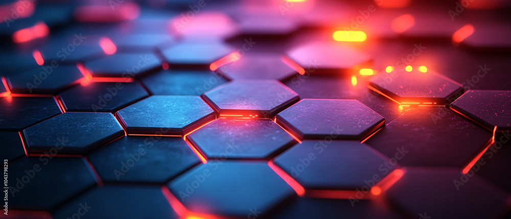 Poster abstract hexagon pattern with glowing red lights