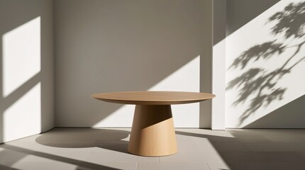 Fototapeta premium A round wooden table stands elegantly in a minimalist space, illuminated by warm, natural light filtering through the window, creating beautiful shadow patterns on the wall