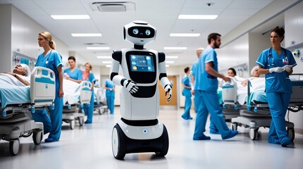A robotic assistant rolls through a bustling hospital ward, surrounded by healthcare professionals in scrubs attending to patients. The atmosphere reflects a typical busy day in medical care