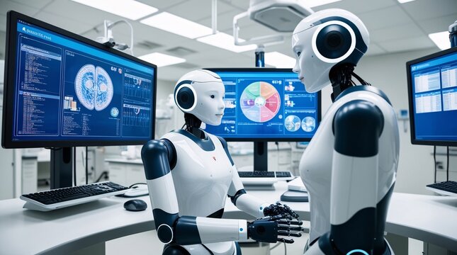 In a modern laboratory, two humanoid robots engage in a discussion about data displayed on multiple screens, showcasing AI advancements in technology and research
