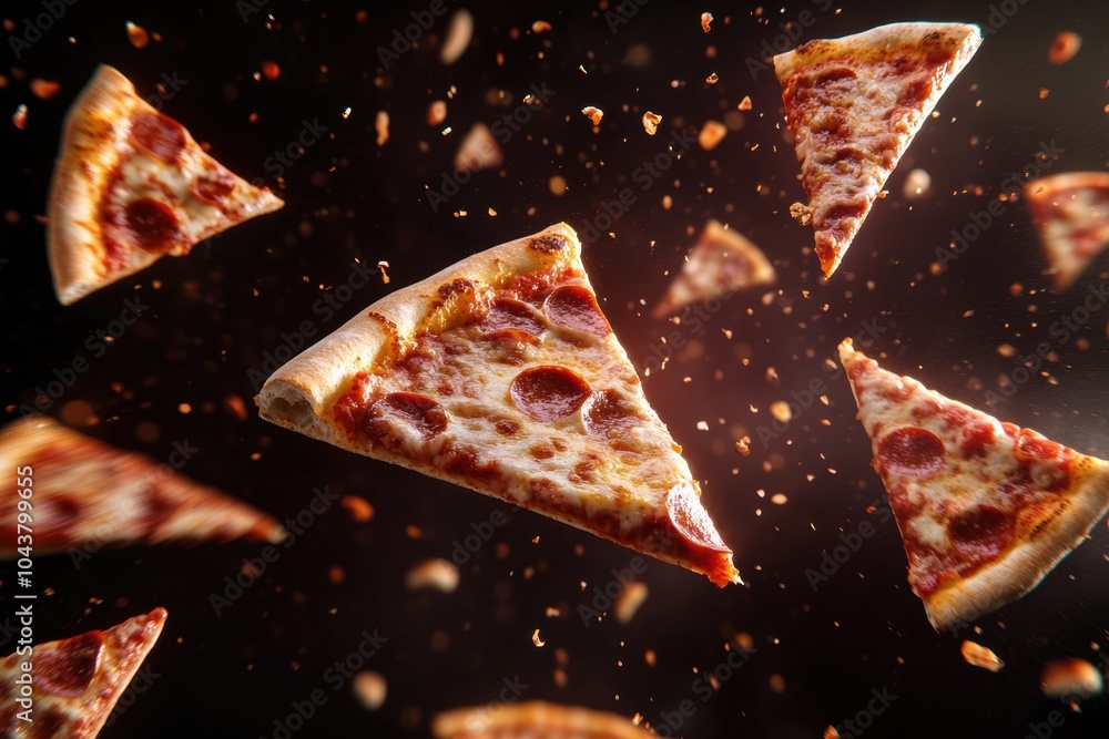 Poster slices of pepperoni pizza soar through the air, creating a fun and vibrant atmosphere, leaving room 