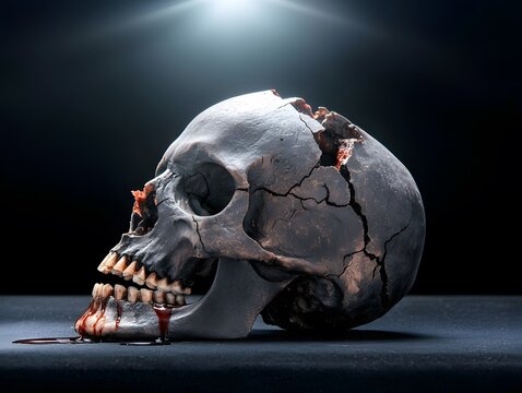 Cracked Skull with Blood Dripping in Dark Atmosphere