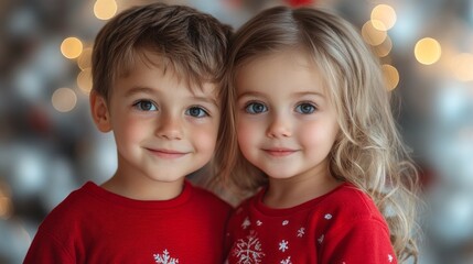 Two young children wearing red Christmas sweaters are smiling at the camera