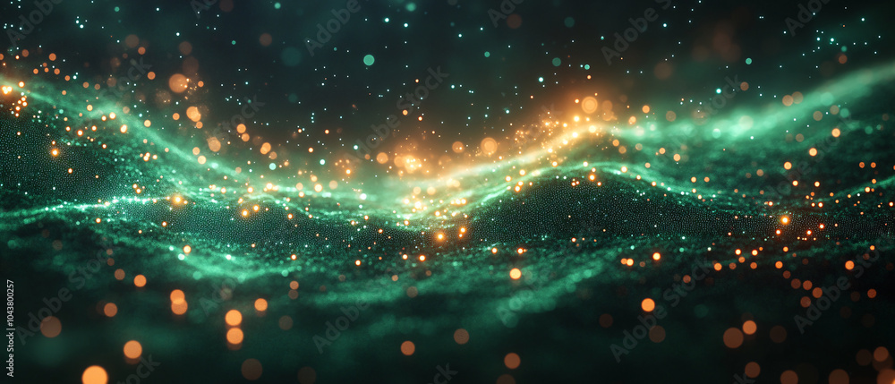 Poster abstract green and gold glitter background with bokeh lights