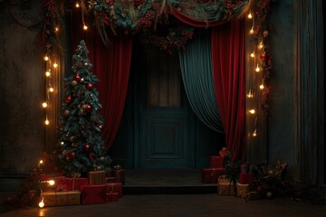 Christmas festive scene with decorations. Merry Christmas and Happy New Year holiday background