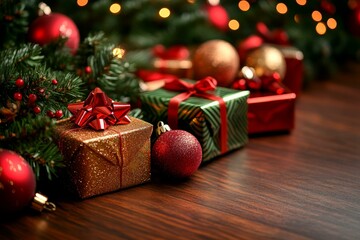 Christmas festive scene with decorations. Merry Christmas and Happy New Year holiday background