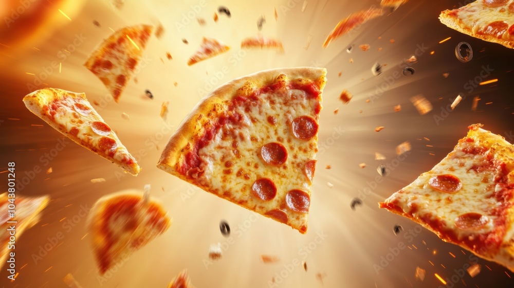 Aufkleber vibrant slices of pepperoni pizza soar through a lively background, offering a fun and engaging spac