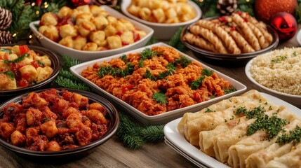 A festive spread of various delicious dishes, featuring rice, dumplings, and savory treats, garnished with herbs, perfect for a celebration.