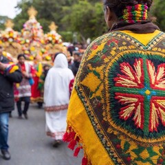 An eye-level shot of a diverse group of pilgrims walking together in a religious procession, with the Virgin of Guadalupe depicted in the distance. Macro details reveal the textures of their clothing