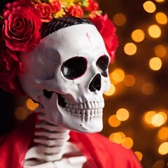 extreme macro Dia de los Muertos skeleton costume, set against a backdrop of festive lights and music.