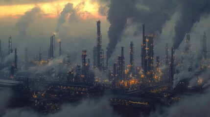 Expansive oil refinery with colossal storage tanks and intricate steel structures, set against a moody, cloud-filled sky.