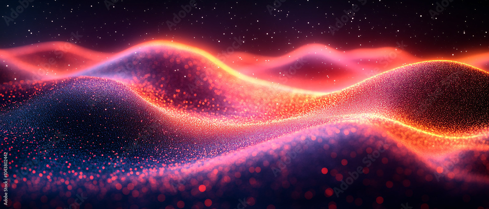 Poster abstract red and orange glowing particle waves with stars background, abstract red and orange glowin