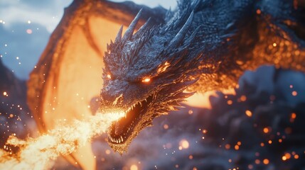 Fototapeta premium A majestic dragon with fiery breath and glowing eyes.