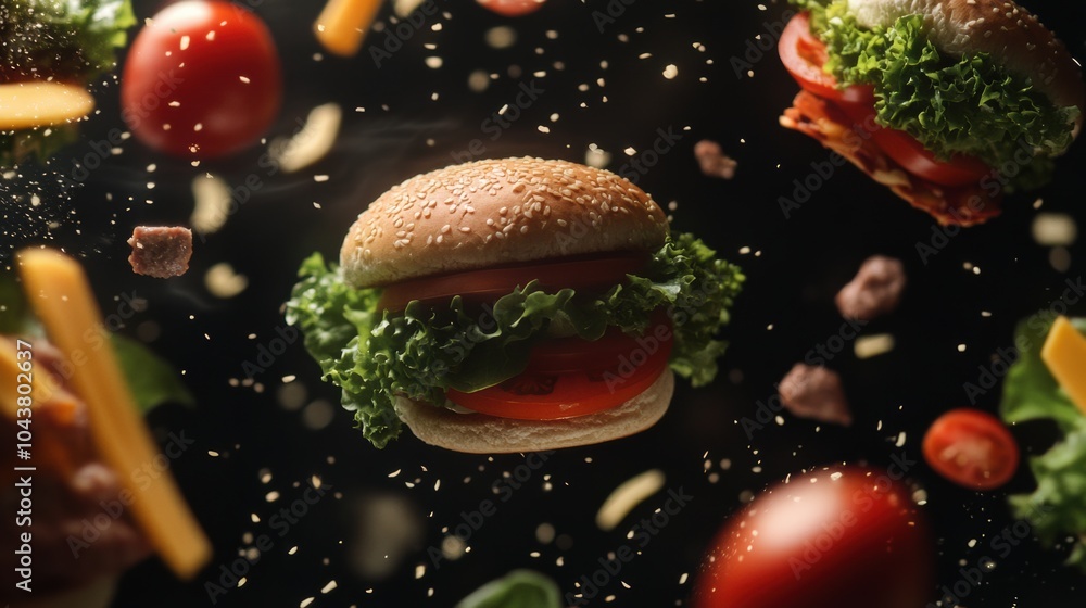 Poster a delicious floating burger is accompanied by scattered lettuce, tomatoes, cheese, and meat, creatin