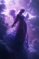 Fototapeta premium Violet angel, seventh ray of light (Archangel Zadkiel), representing the Violet Flame of Saint Germain. Divine energy, transformation, dissolving blockades. Peaceful poster, wallpaper, background. 