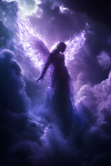 Fototapeta premium Violet angel, seventh ray of light (Archangel Zadkiel), representing the Violet Flame of Saint Germain. Divine energy, transformation, dissolving blockades. Peaceful poster, wallpaper, background. 
