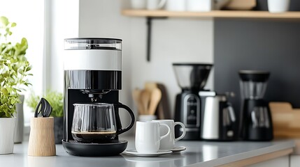 Modern Black Coffee Machine in a Stylish Kitchen with Cup - Sleek Home Appliance Closeup