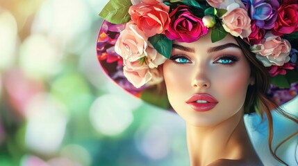 Naklejka premium Fashionable woman in a vivid flower hat and sophisticated dress, attending a glamorous horse racing event.