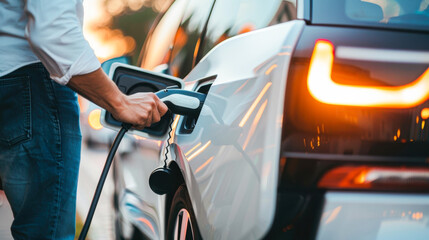 Charging an electric car at dusk with modern led tail lights in urban setting