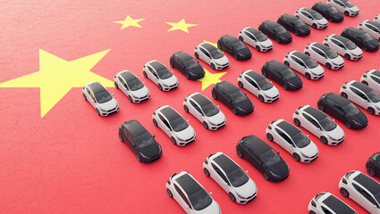 Chinese automotive industry. Light vehicles on the China flag. 3D Render.