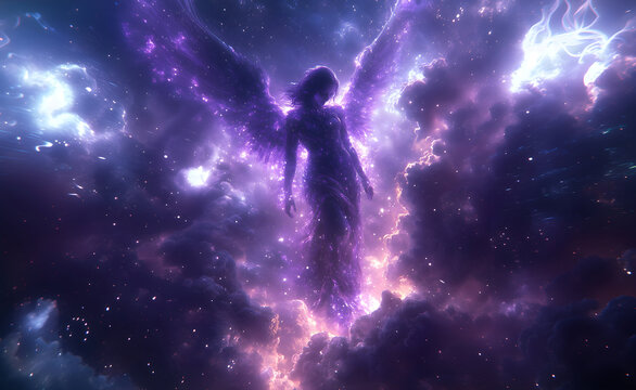 Violet angel, seventh ray of light (Archangel Zadkiel), representing the Violet Flame of Saint Germain. Divine energy, transformation, dissolving blockades. Peaceful poster, wallpaper, background.
