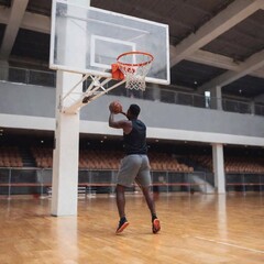 Naklejka premium A full shot of a basketball player taking a jump shot, with deep focus capturing the player, the basket, and the defenders in the background from an eye-level perspective