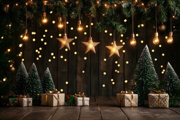 Christmas festive scene with decorations. Merry Christmas and Happy New Year holiday background