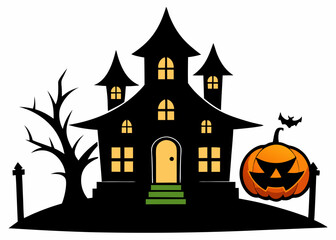 Halloween house with pumpkin vector silhouette on white background