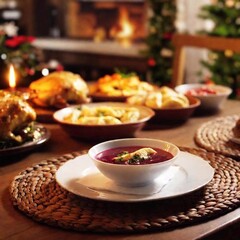 christmas table setting with candles and decorations