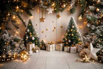 Christmas festive scene with decorations. Merry Christmas and Happy New Year holiday background