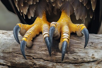 Naklejka premium Eagle Talon. Close-Up of Bald Eagle's Talons on Driftwood in the Wild