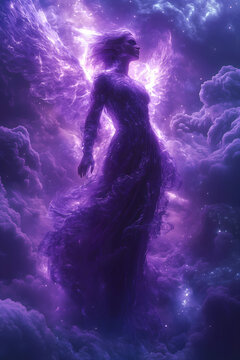Violet angel, seventh ray of light (Archangel Zadkiel), representing the Violet Flame of Saint Germain. Divine energy, transformation, dissolving blockades. Peaceful poster, wallpaper, background.
